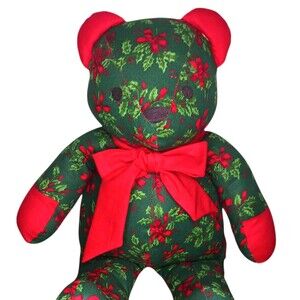 Vintage Handcrafted 17" Stuffed Teddy Bear Christmas Holly & Bows Cloth Fabric